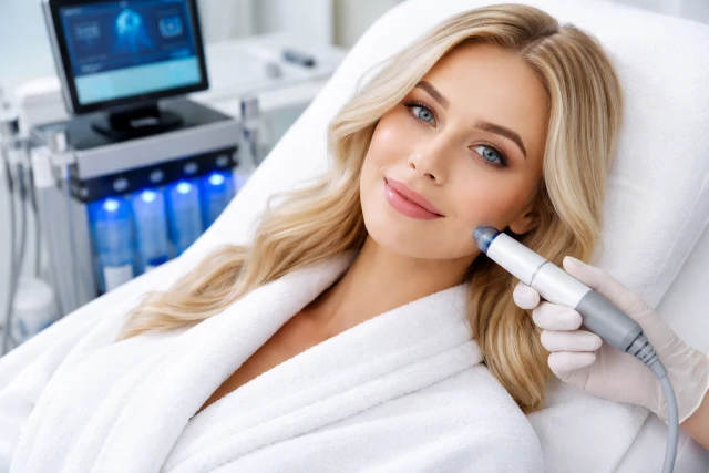 Hydrafacial treatment session showing exfoliation, pore extraction, and hydration serum infusion with a handheld wand device.