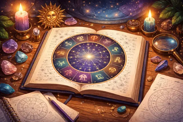 Nativität birth chart diagram showing planets, signs, houses, and aspects for beginner astrology students.