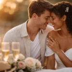 Engagement Photos of a happy couple at golden hour sharing a natural, romantic moment during a pre wedding photo session