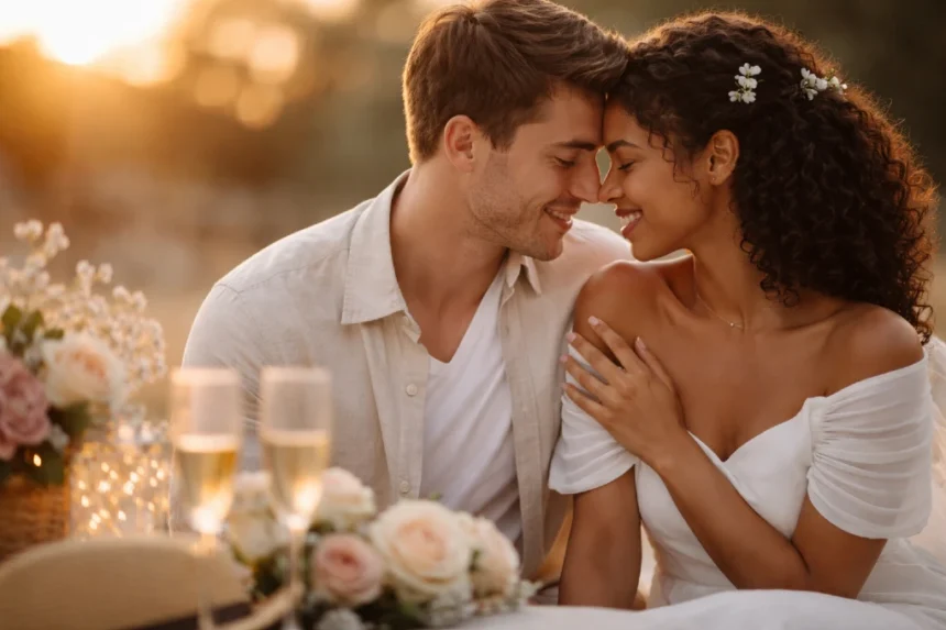 Engagement Photos of a happy couple at golden hour sharing a natural, romantic moment during a pre wedding photo session