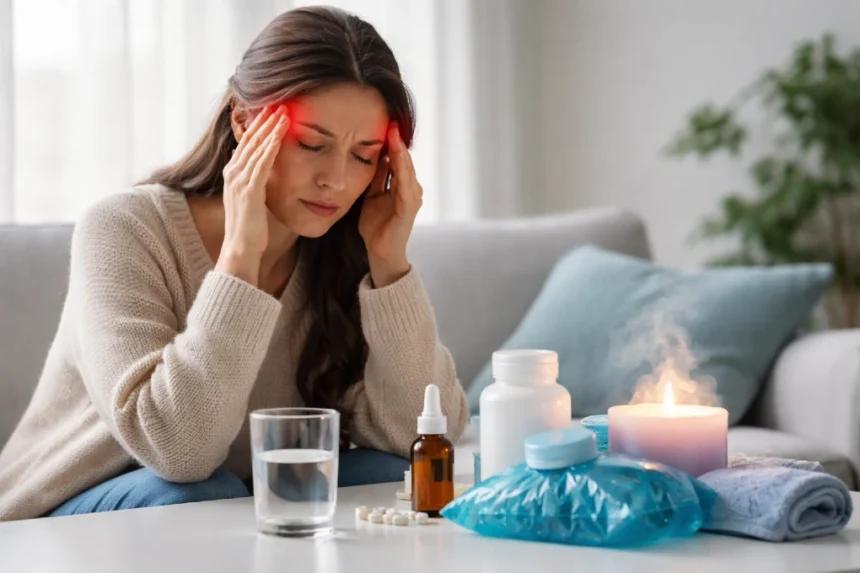 5 Tips For Instant Migraine Relief at home with a person resting in a dark room using a cold compress for migraine pain