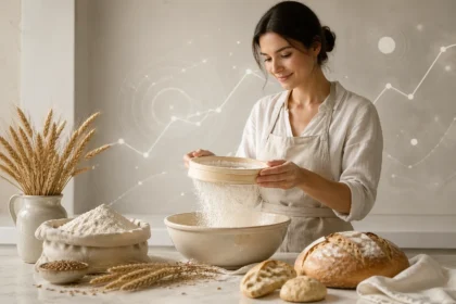 Country Flour package with baking ingredients arranged on a clean kitchen counter