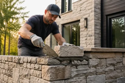 Dixon Masonry residential stonework on a custom home exterior with natural stone entry and walkway