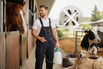 Dogacron insecticide concentrate used in a clean stable and farm pest control setting