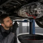 Mechanic inspecting Gearbox Leaking Fluid under a car in an auto repair garage