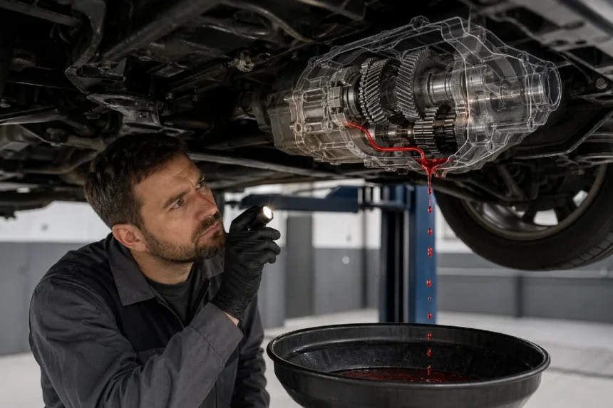Mechanic inspecting Gearbox Leaking Fluid under a car in an auto repair garage