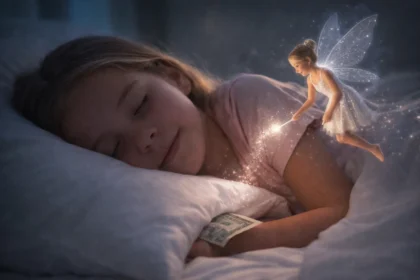 Is There Tooth Fairy Real illustration of a child holding a lost tooth and smiling beside a pillow