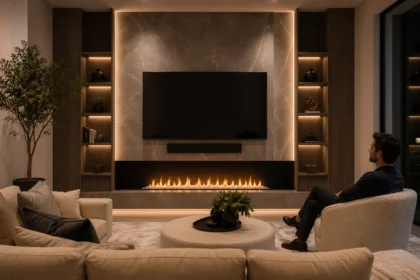 Modern Media Wall Fire with built-in shelving and soft ambient lighting in a stylish living room