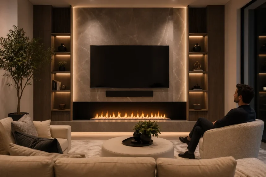 Modern Media Wall Fire with built-in shelving and soft ambient lighting in a stylish living room