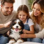 A fluffy tricolor Mini Bernedoodle sitting on a green lawn looking at the camera.