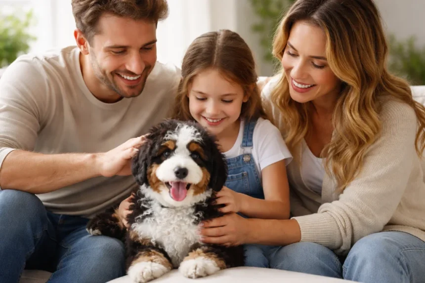 A fluffy tricolor Mini Bernedoodle sitting on a green lawn looking at the camera.