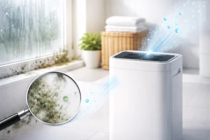 Mould Dehumidification unit reducing indoor moisture in a damp room at home