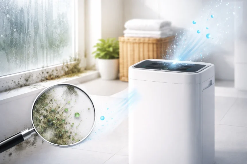 Mould Dehumidification unit reducing indoor moisture in a damp room at home