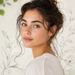 Naturally Drawn lifestyle look with soft natural makeup, earthy colors, simple fashion, and authentic fresh style