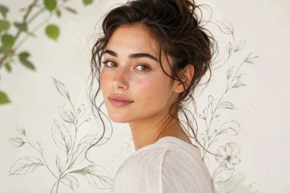 Naturally Drawn lifestyle look with soft natural makeup, earthy colors, simple fashion, and authentic fresh style