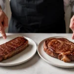 New York Strip vs Ribeye steak comparison showing two cooked steaks with different marbling and texture