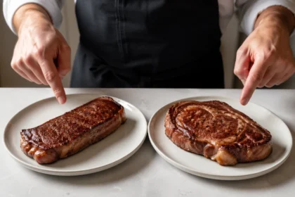 New York Strip vs Ribeye steak comparison showing two cooked steaks with different marbling and texture