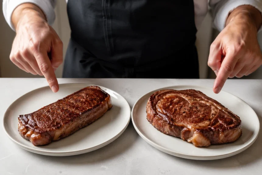 New York Strip vs Ribeye steak comparison showing two cooked steaks with different marbling and texture