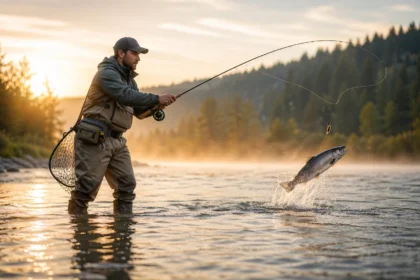 Angler practicing Sal Fishing in a river during salmon season with rod, reel, and natural current flow