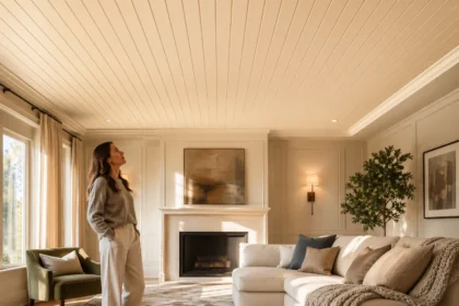 Tongue and Groove ceiling in a warm stylish modern home interior