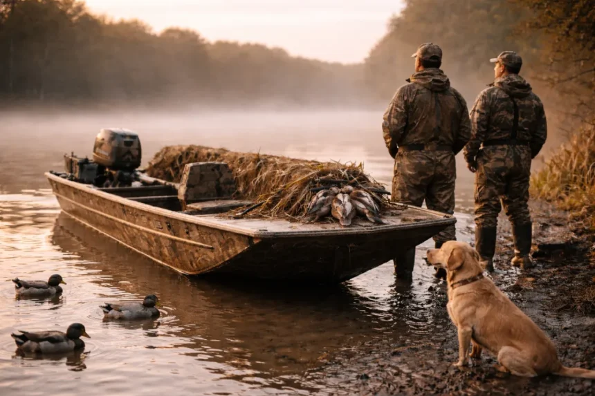 War Eagle Boats aluminum hunting boat set up for duck hunting in shallow backwater conditions