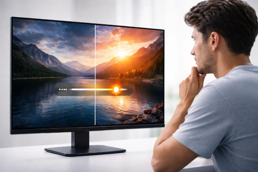 What is DCR on a monitor shown through a side-by-side display comparison of dynamic contrast and native contrast on a modern screen